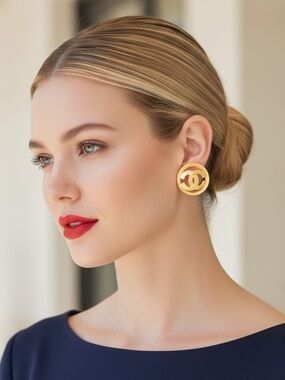 CHANEL Vintage Gold Plated Double C Round Clip-On Logo Earrings